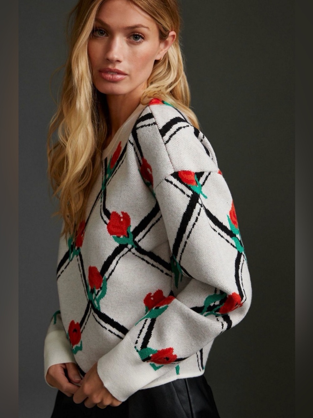 Anthropologie Maeve Rose Trellis Red and Green Floral crewneck Sweater